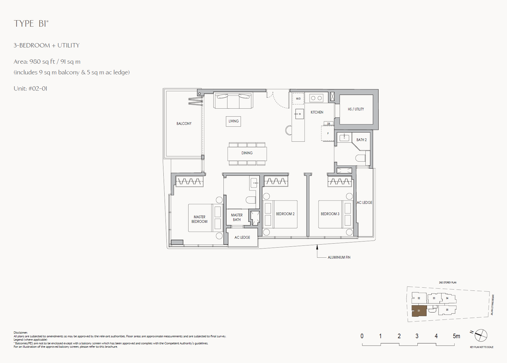 Floor plan of The Shorefront type B1 1, 3-Bedroom, 980 sq ft